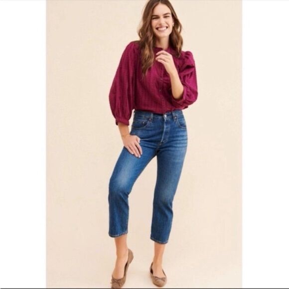 Anthropologie Pilcro Button Down Clip Dot Textured Puffed Sleeves Blouse (NWT) - Picture 3 of 5